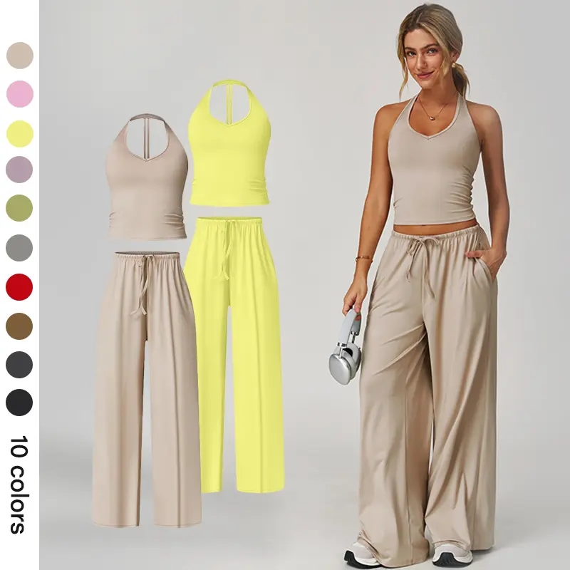 Nvwaurban Women's 2-Piece Athleisure Outfit, Casual Summer Ribbed Matching Set with V-Neck Strappy Top and Wide Leg Pants, Breathable Lounge Wear for Gym & Travel, Summer 2 Piece Set, Women's Tops, Gym Sets For Women tiktokshopbacktoschool