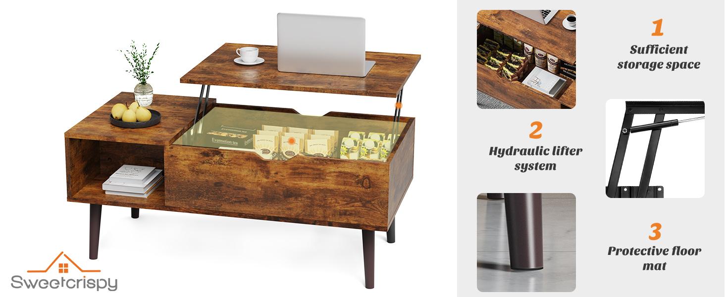 Sweet Furniture Fully Assembled Wooden Center Table, Fluted Lift Top Coffee Table with Hidden Compartment, Modern Lift Tabletop for Home Living Room Office