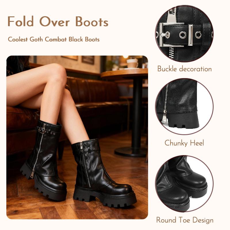 Women's Fold Over Boots Slouchy Boots Wide Calf Pleated Platform Boots Stacked Side Zipper Boots Mid Calf Boots Goth Y2k