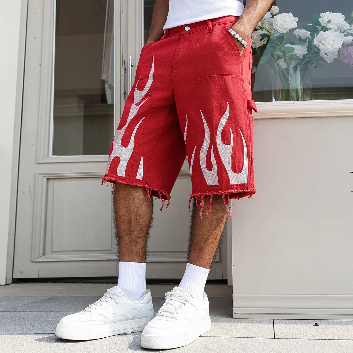 Men’s Red 100% Pure Cotton Denim Shorts - Menswear with Distinctive Flame Embroidery, Distressed Hem, Soft, Stylish Urban Street Fashion for Everyday Wear, Casual Outings