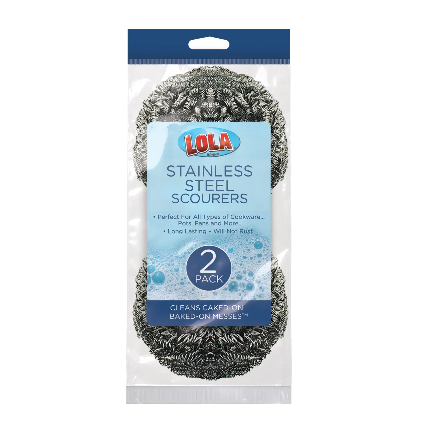 Lola Durable Stainless Steel Scouring Pads 2-Pack - 2.625in x 2.625in x 1.375in Heavy Duty Sponges, Home Care Cleaning Products for Baking Pans, Metal Pots, Stoves, Two Pieces