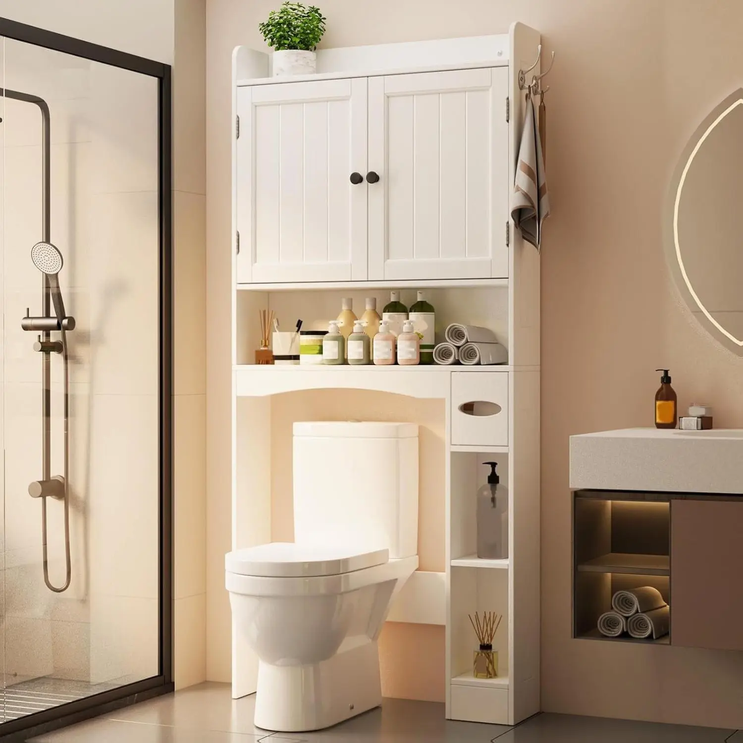 Gizoon Over The Toilet Storage Cabinet, 32.3" W x 70.3" H, White | Over Toilet Bathroom Organizer with Doors, Adjustable Shelves, Toilet Paper Holder, 2 Side Hooks, for Bathroom, Laundry
