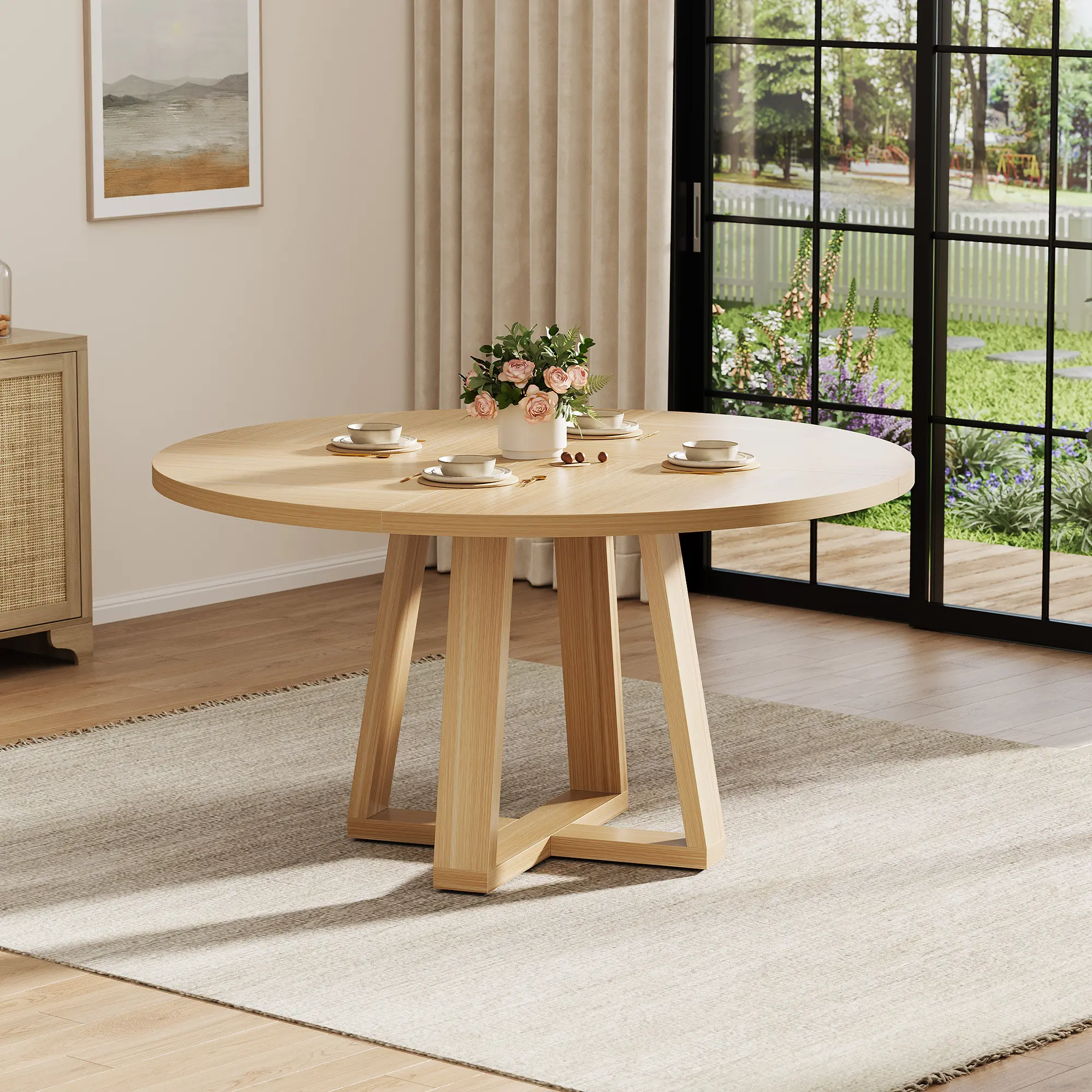 Modern Farmhouse 47" Round Dining Table for 4‑6 People, Sturdy Cross Base, Space‑Saving Kitchen Dining Room Furniture, Ideal for Apartment Living Room, Grey/Walnut/Black Available (Table Only)