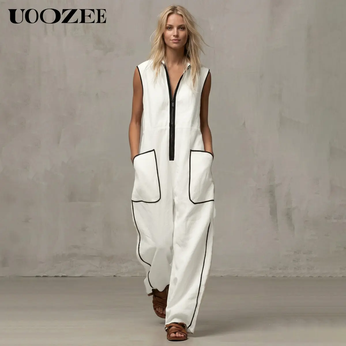 UOOZEE Women's Flowy Polyester Sleeveless Strappy Wide Leg Jumpsuit-Overalls - High Mock Neck, Half-Zip, Contrast Piping, Pockets, Soft Minimalist Street Style, Breathable Lightweight, Cold Wash Safe, Elegant for Coffee Date & Beach