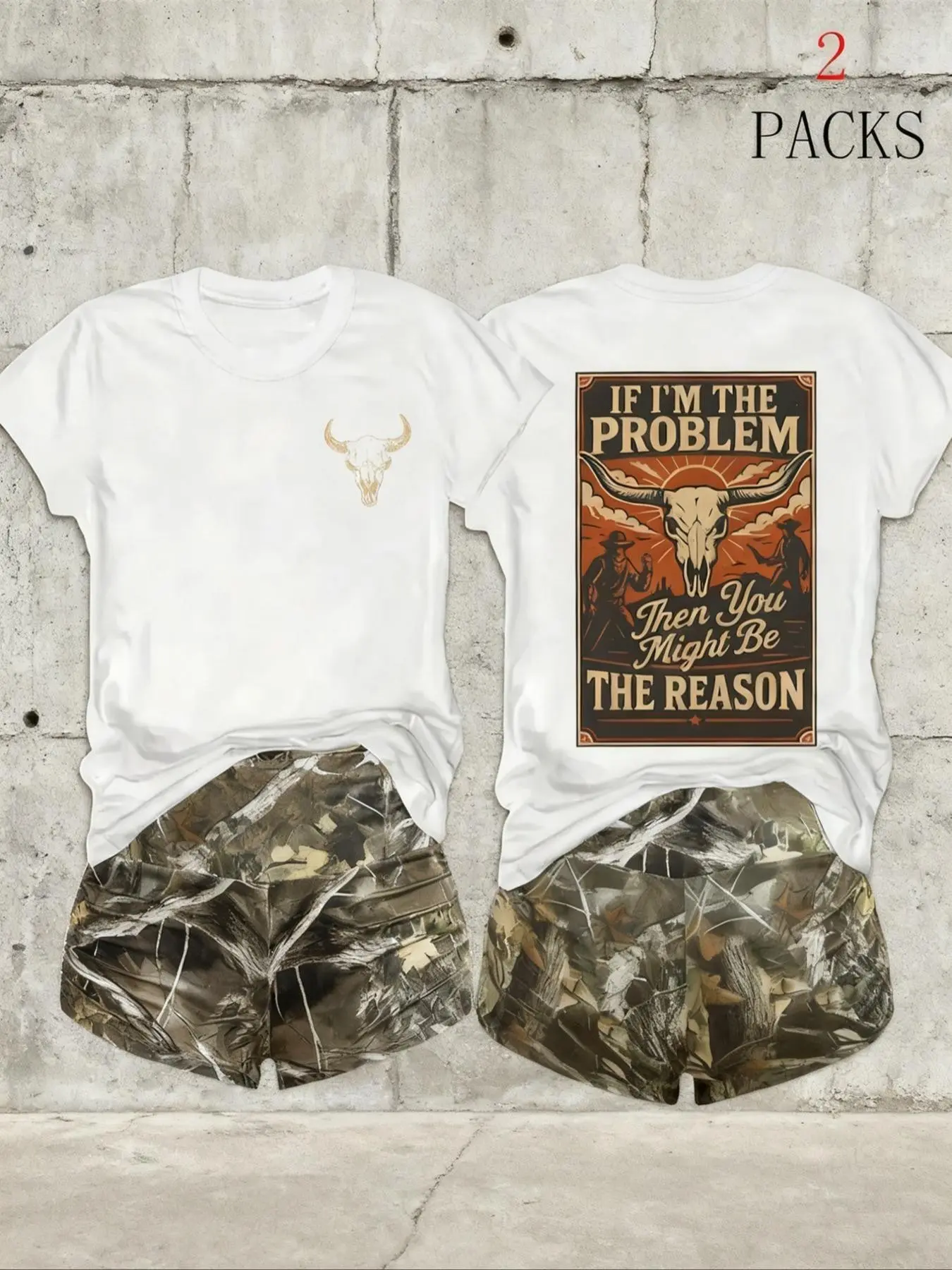 Women's 2-Pack Western Bull Print Short Sleeve T-Shirt & Camo Shorts Set, Soft Casual Fabric, Daily Streetwear Loungewear, Black Beige Pink White Purple Red Multi-Color Options