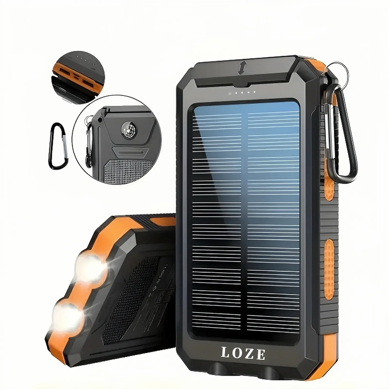 The LOZE 10000mAh solar-powered power bank features a built-in super-bright flashlight, compass, carabiner, dual USB outputs, and a USB-C port. It's suitable for mobile phones, electronic accessories, outdoor camping, and makes a great gift.