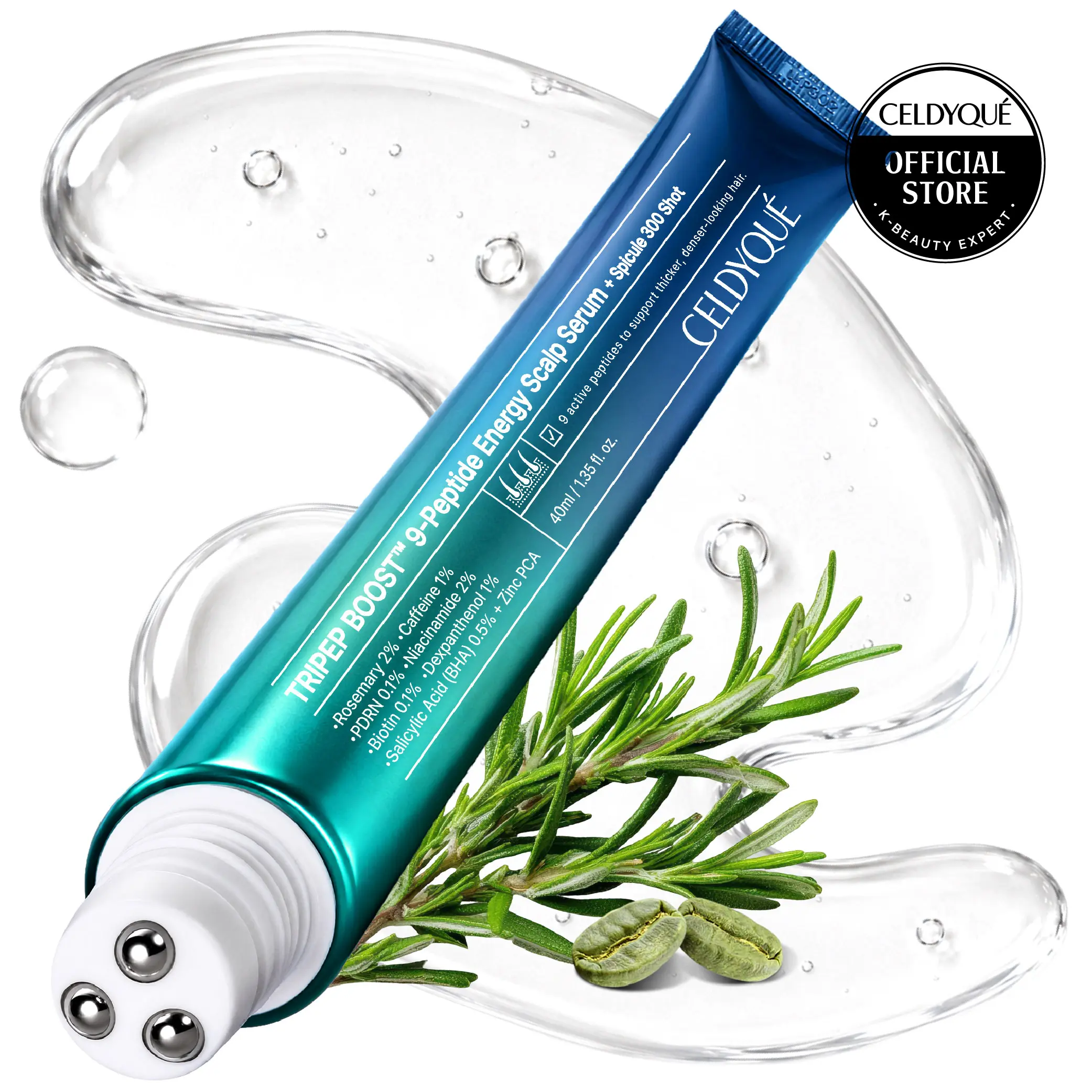 [CELDYQUE] 9-Peptide Cooling Hair & Scalp Care Roll-On Serum, 1.35 fl oz - Lightweight Daily Hair Loss Serum for Adults with 2% Rosemary, 1% Caffeine, 300 PDRN & Spicule, Biotin for Voluminous Locks