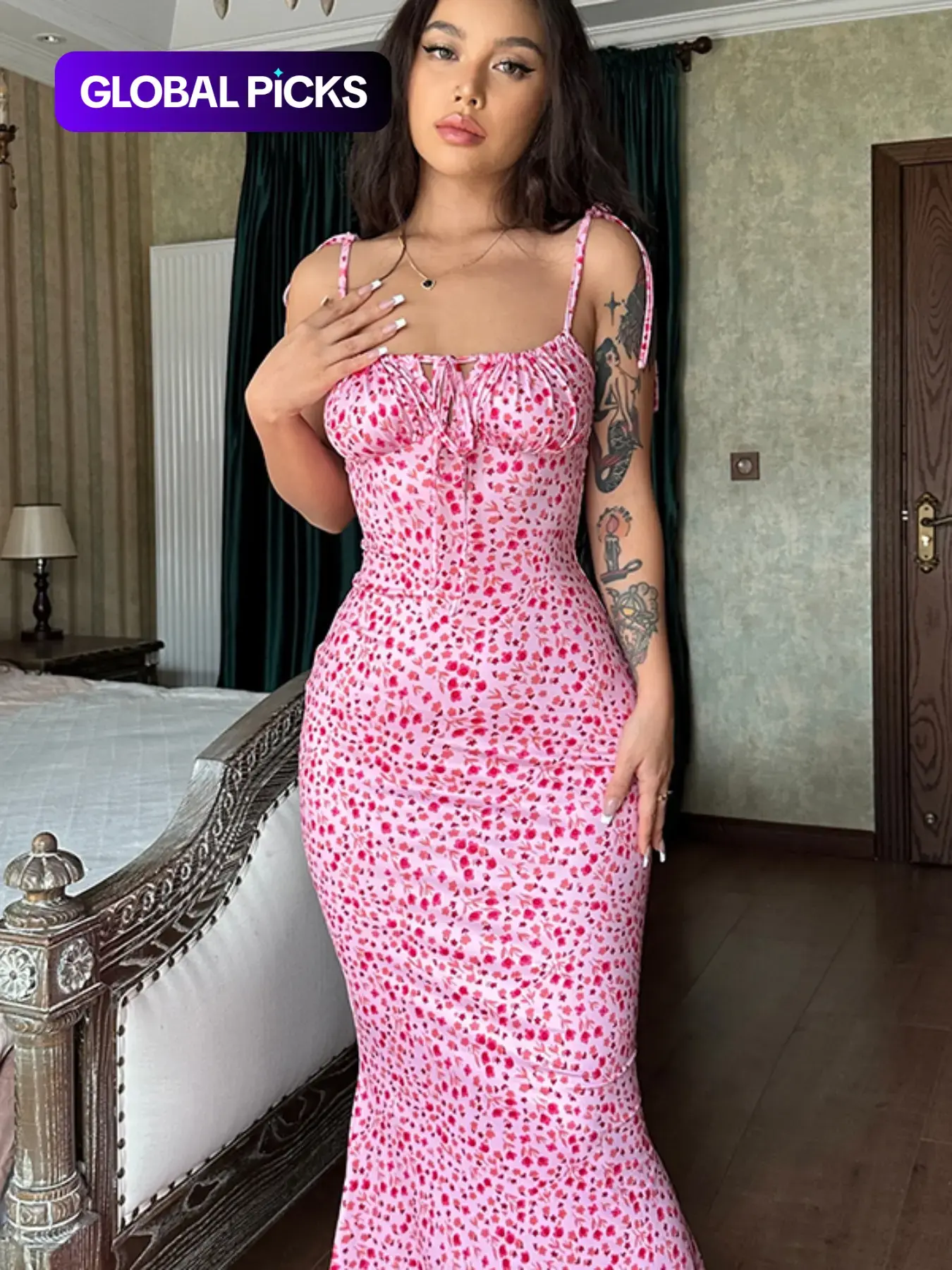 Women's Ditsy Floral Print Backless Sleeveless Adjustable Tie Shoulder Straps Knot Mermaid Dress, Chic Elegant Tie Front Maxi Cami Bodycon Dress for Holiday Party, Summer Clothes Women, Summer Dresses for Women, Womenswear Knitting, Floral Design Dress