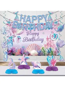 32Pcs Mermaid Birthday Party Supplies - Mermaid Party Decorations Included Backdrop, Banner, Hanging Swirls,Balloon,Mermaid Birthday Party Decorations Mermaid Happy Birthday Banner