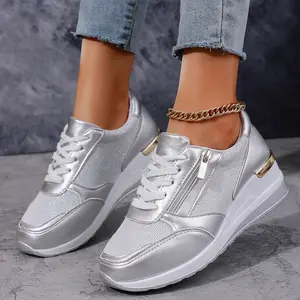 Women's Lace-up Casual Shoes FFashion Side Zipper Design Thick-soled Shoes Walking Running Sports Sneakers