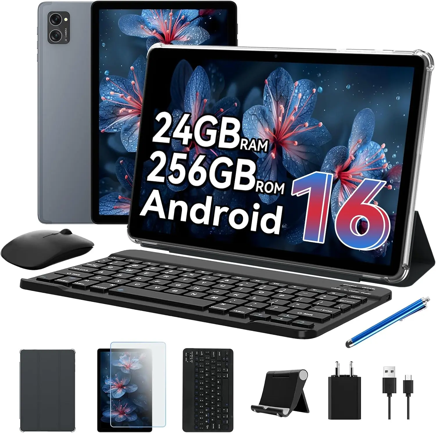 10.1" Screen Android 16 Tablet Bundle, 24GB(8+16GB)+256GB(2TB TF), Unisoc T606 Octa-Core, 8MP Camera, 5000mAh Battery, Widevine L1, Bluetooth 5.0, Gemini AI, 8-in-1 Set with Keyboard Mouse Stylus, Ideal for Study & Office, 1280X800