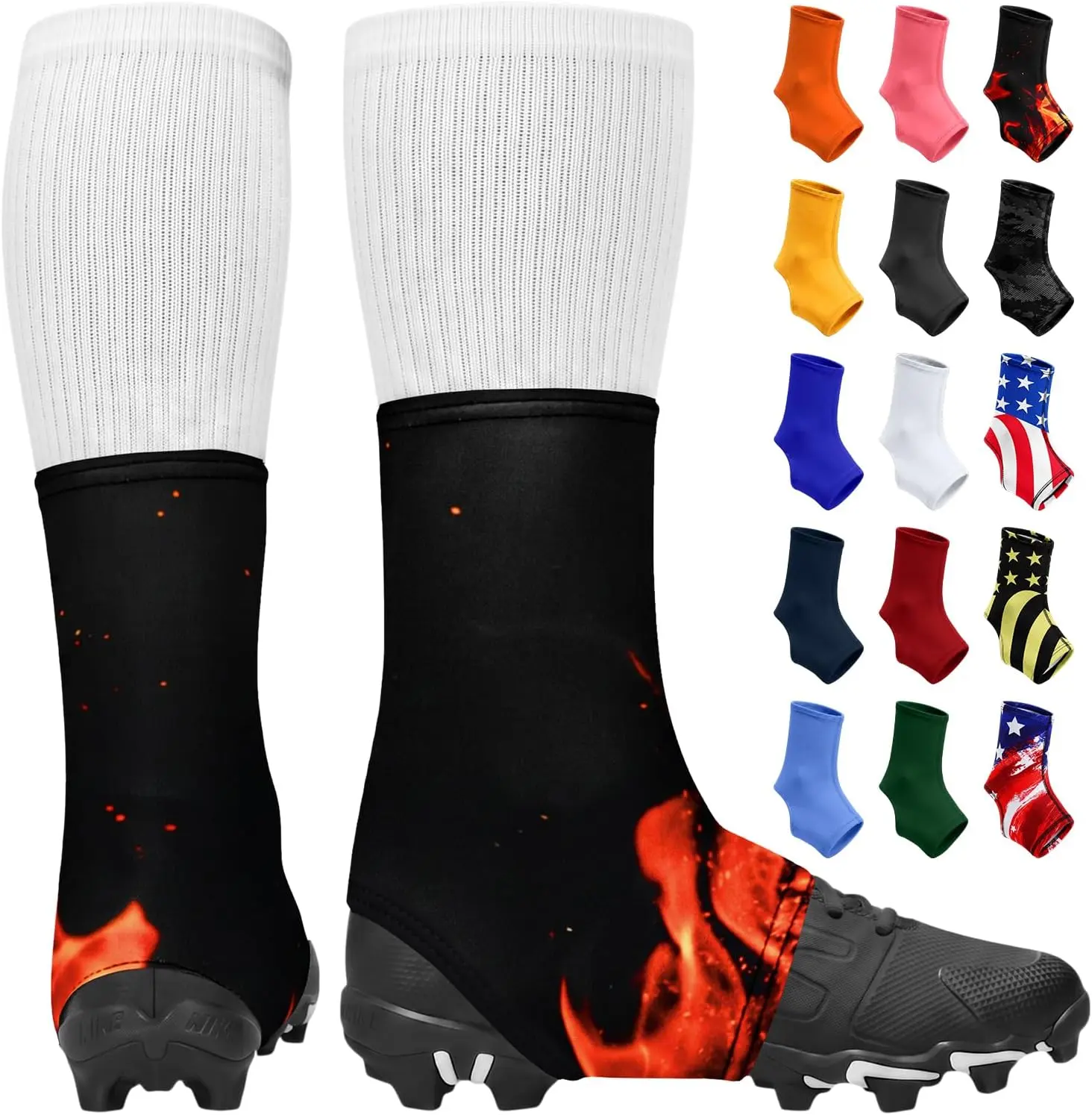 Exxact Sports Football Spats Cleat Covers for Men & Boys – Black Lace Covers, Durable Football Cleat Spats & Shoe Covers ( Flame)