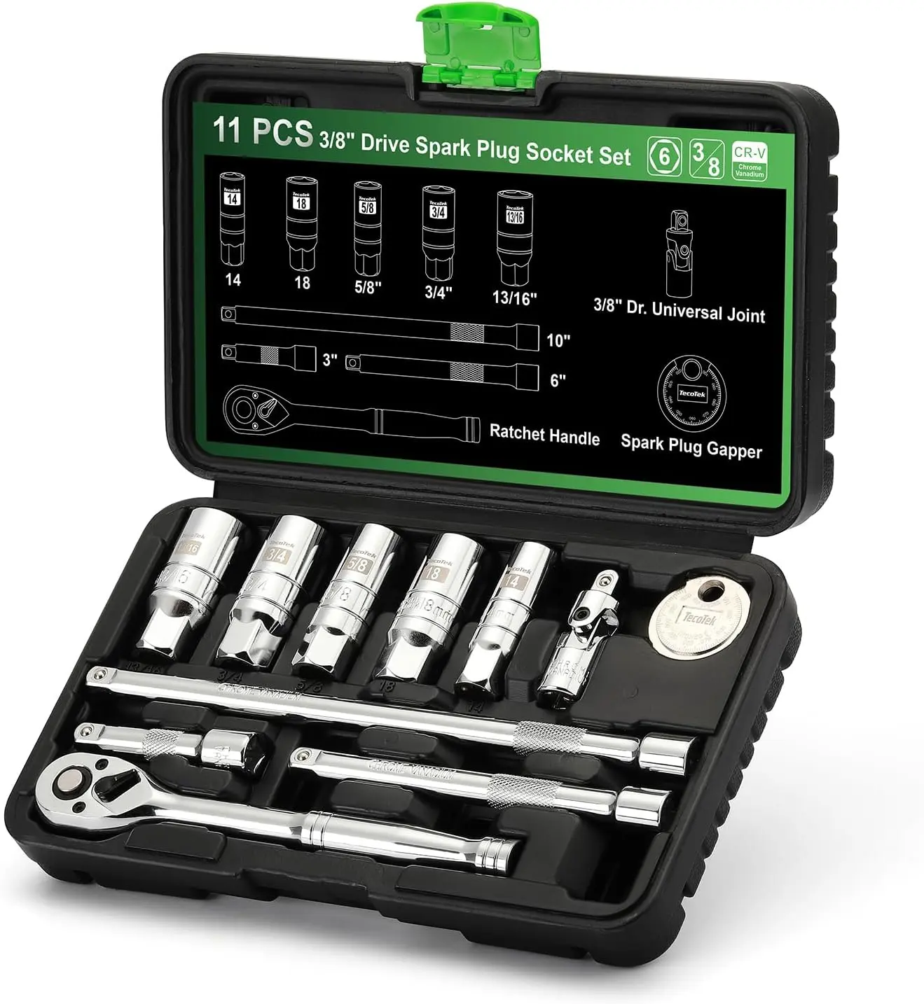 11-Piece Spark Plug Socket Set with 3/8" Drive Ratchet Handle, Spark Plug Gapper, Universal Joint and Extension Bar, 5/8", 3/4", 13/16", 14mm, 18mm, CR-V Sockets with Rubber Retaining Rings