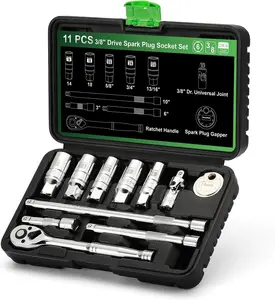 11-Piece Spark Plug Socket Set with 3/8" Drive Ratchet Handle, Spark Plug Gapper, Universal Joint and Extension Bar, 5/8", 3/4", 13/16", 14mm, 18mm, CR-V Sockets with Rubber Retaining Rings