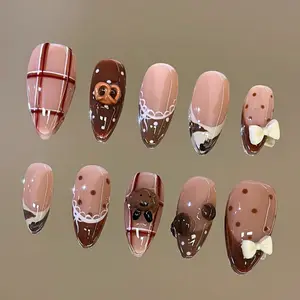 NailVesta COCOA TEDDY – 100% Handcrafted 3D Press-On Nails | Reusable, Long-Lasting, Salon-Quality black lace nail art nail art