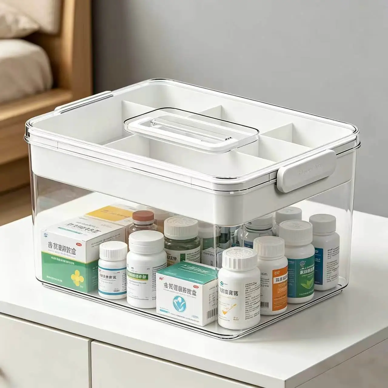 Modern Rectangle Medicine Organizer Box - Translucent Plastic Box with Lid, Large-Capacity Dual-Compartment Containers, Durable Lightweight Organizer with Handle for Home & Travel