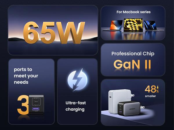 UGREEN Nexode 65W GaN USB C Wall Charger, 3-Port Compact Foldable Fast Charger Power Adapter for iPhone 17/16/15 Series, Galaxy S25/S24, Pixel 10/9, MacBook Pro/Air, Dell XPS, iPad Pro (Black),TikTokShopJumpstartSale