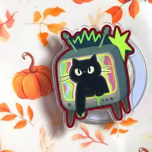 Retro Neon TV Black Cat Phone Grip - Aesthetic Cyberpunk Kitten Griptok for Phone Case - Spooky Halloween Cat Accessory - Unique Gamer Tech Gift - Psychedelic Video Art Phone Holder for Teens