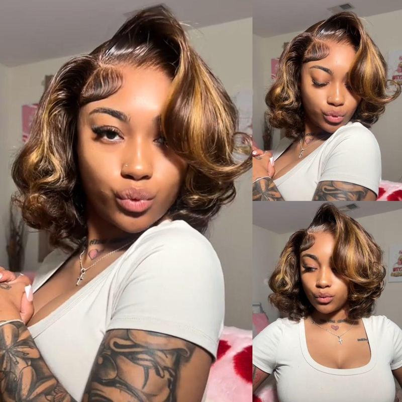 Menglle Side Part Honey Blonde Highlight 7x6 Pre Cut Lace Bouncy Body Wave Bob Wig Human Hair Wigs Natural And Voluminous#springfresh#GiftedInLove