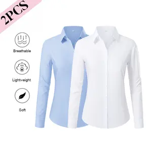 2 Pack Siliteelon Button Down Shirts for Women Essential Classic Slim Fit Collared Dress Shirt Work Business Casual Long Sleeve Blouse Tops Interview Teacher January Outfits Inspo