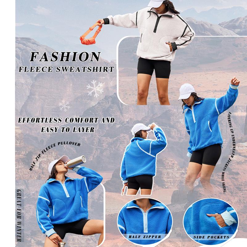 Naeduo Women's Half Zip Sherpa Fleece Pullover Soft Oversized Sweatshirt with Pockets Warm Fuzzy Sweater Long Sleeve Casual Basic Style Hoodie for Hyrox