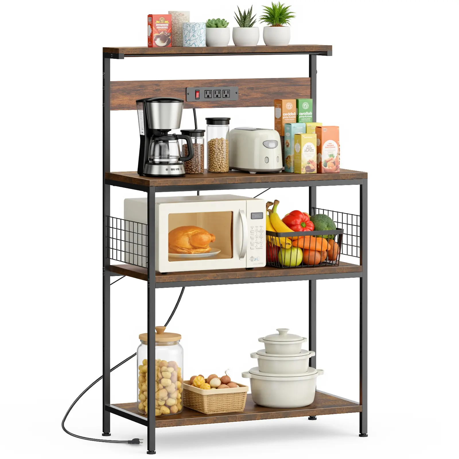 4-Tier 4-Leg Freestanding Baker's Rack with Power Outlet - Dual-Purpose Indoor Furniture, Adjustable Spice Shelves, Microwave Stand, Kitchen Organizer Appliance Holder