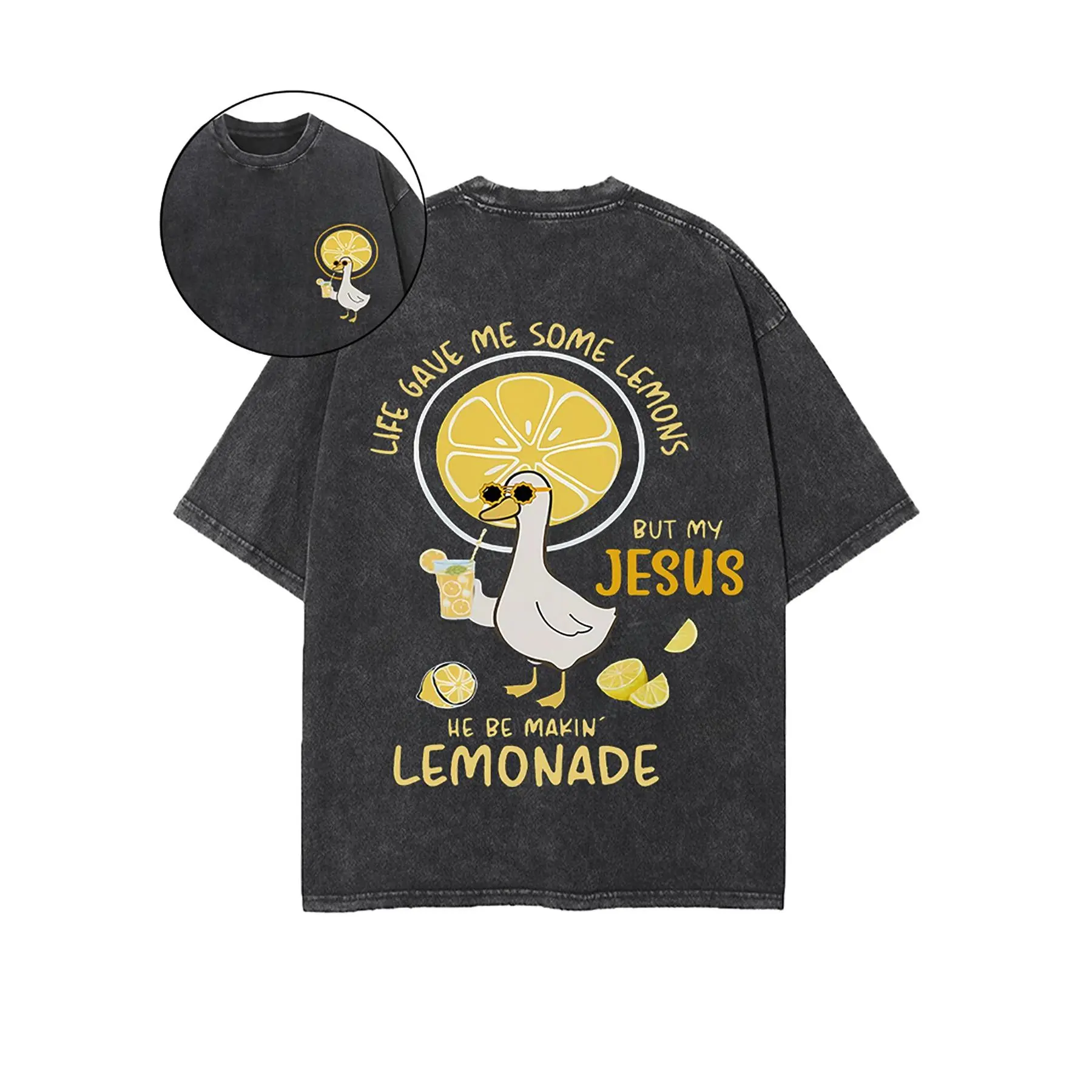 Men's 100% Cotton Lemon Duck Print Streetwear T-Shirt - Short Sleeve Casual Round Neck Menswear Top, Regular Fit, Machine Washable Summer Gift for Outdoor Activities