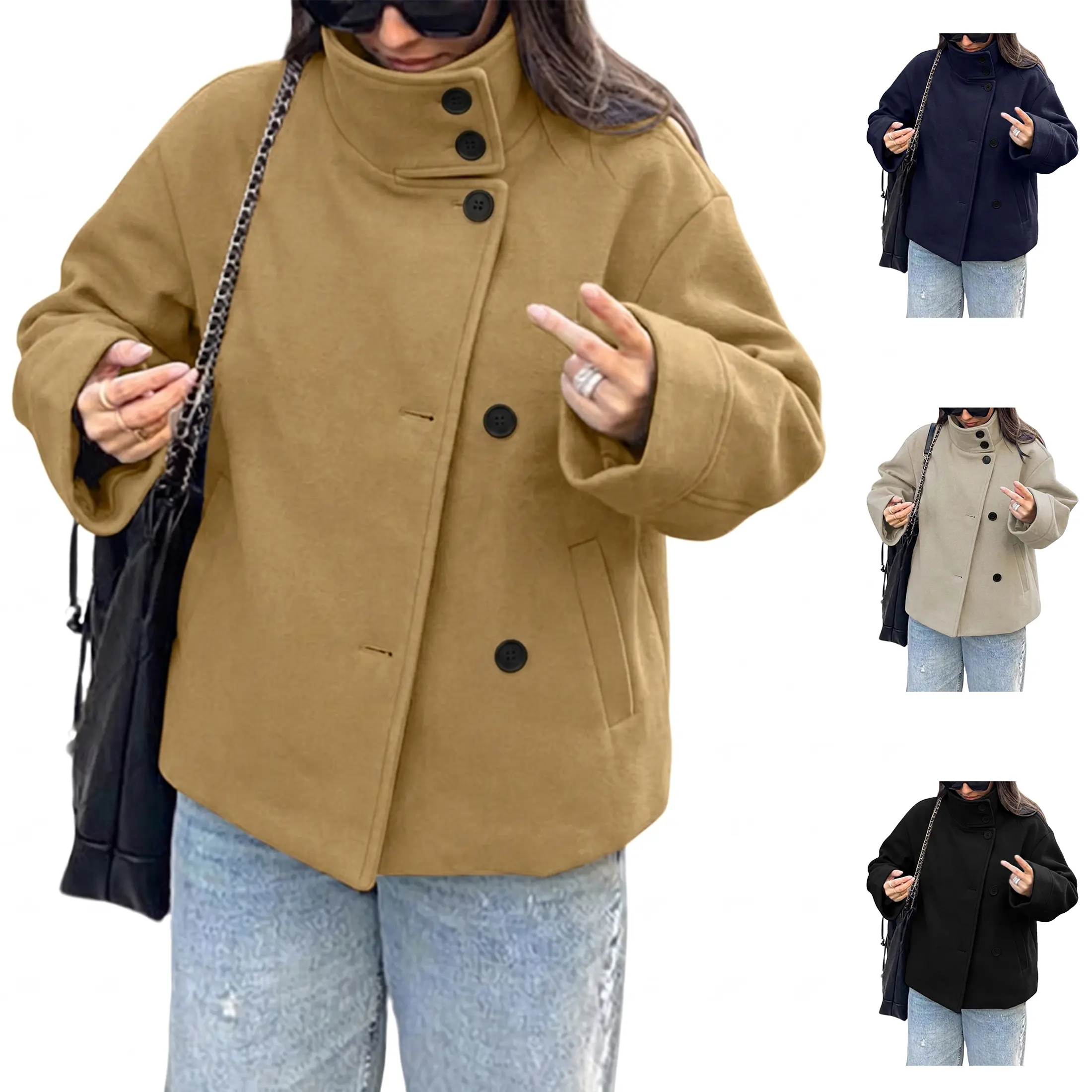Bienmorn Women's Cropped Peacoat - Long Sleeve, High Neck, Stand Collar, Single Breasted, Loose Fit, Smooth, Basic, Warm Wool Blend Winter Jacket - Old Money Quiet Luxury Outerwear for Fall Work Casual Wear, Clothes, Polyester
