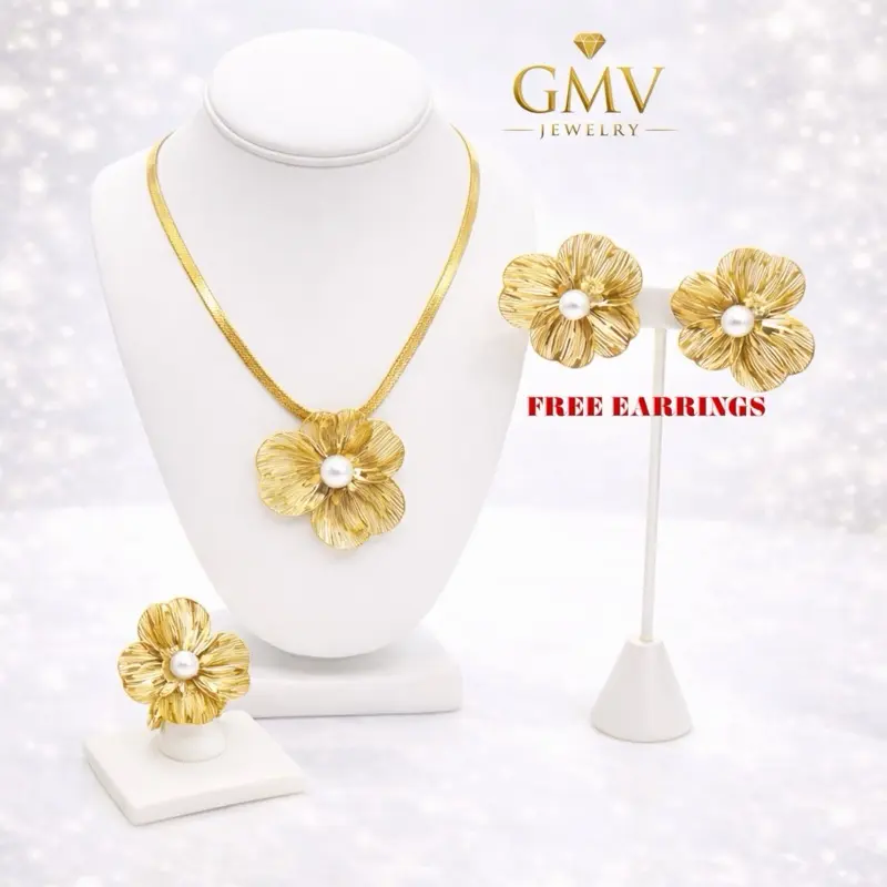 GMV Jewelry Blossom Garden Set 14k Gold Plated Full set Necklace, Ring and free earrings
