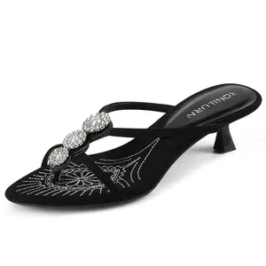 RONILURN Women's Rhinestone Kitten Heel Thong Sandals, Dressy Flip Flop Shoe for Summer Wedding Bridal Party, Decor