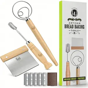 Bread Making Tools and Supplies - Set of 3 - Danish Dough Whisk, Bread Lame, Bench Scraper - Dough Hook with Bread Scraper, Lame Bread Tool, Blades - Great for Baking Sourdough, Pizza, Pastry
