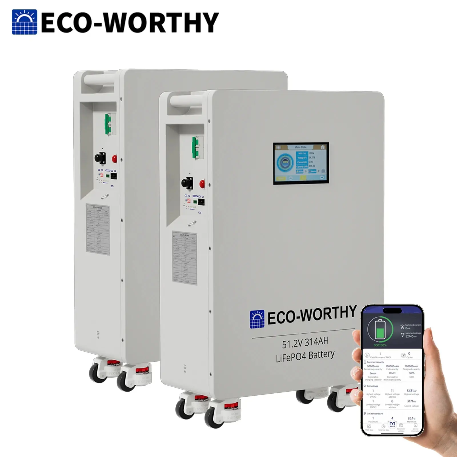 【16kWh Battery】ECO-WORTHY 48V 314AH LiFePO4 Battery, 2-Pack Vertical Standing Backup for Home Electrical Power Supplies (32.15kWh Total Capacity)