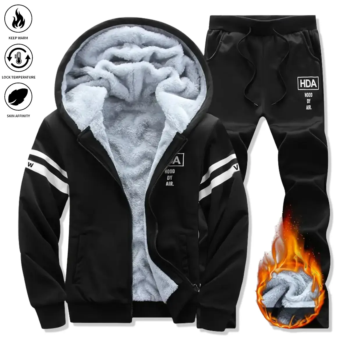 Men's Thermal Lined Sherpa Fleece 2-Piece Athleisure Wear Set - Heavyweight Hooded Letter Print Top, Fitted Joggers with Zippered Pockets, Gym Style Sports Sweat Suit, Activewear Set, Machine Washable, Size M, Men's Outfit Sets