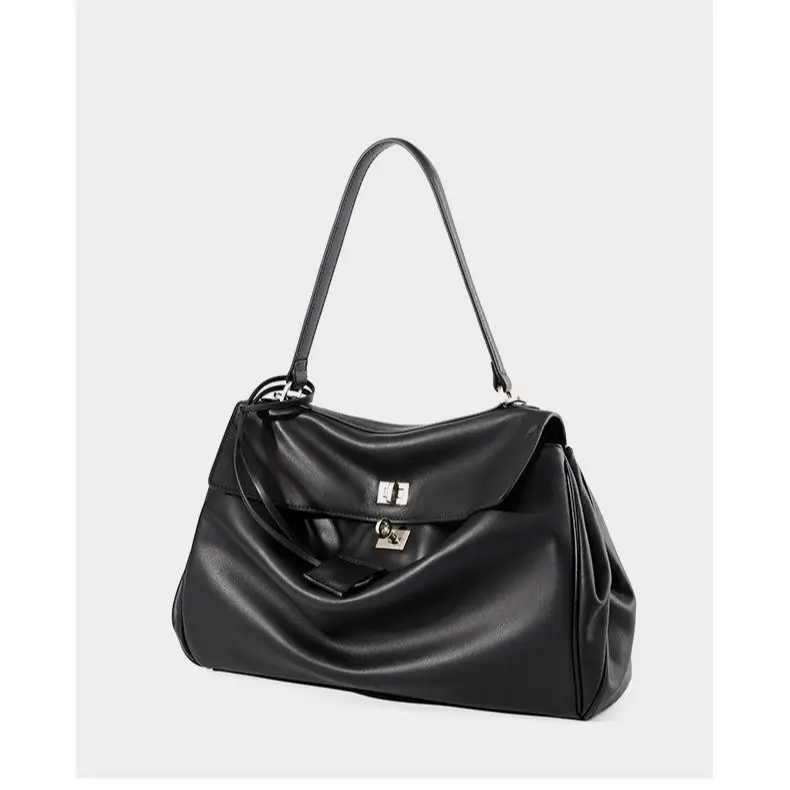 Women's Genuine Black Leather Structured Commuter Tote Bag - Luxury Kelly Style, Structured Shape, Workday Luxury Everyday Bag for Daily Commute & Work Use
