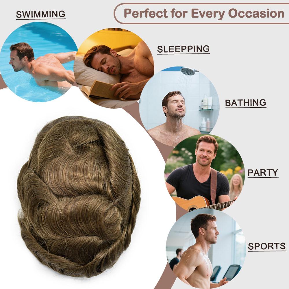 Hair Piece for Men Fine Mono Lace Mens Toupee NPU Coated Around Human Hair Replacement System For Men Wig Durable Fine Monofilament Hair Piece for Men hair prosthesis for men
