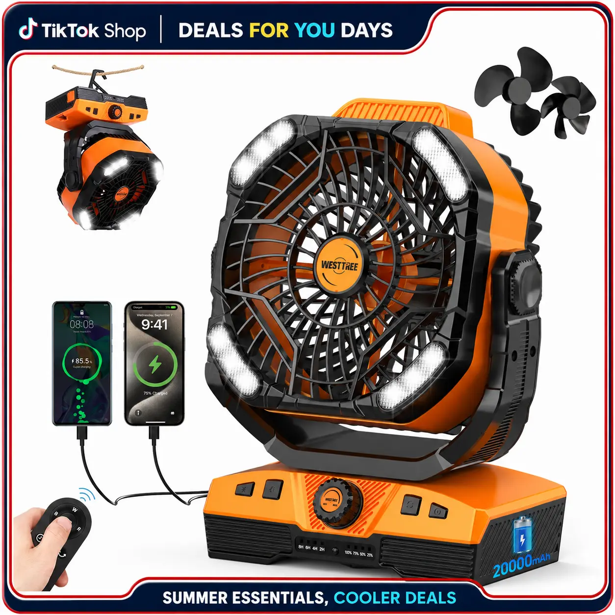 WESTTREE  Portable Camping Fan, 20000mAh Rechargeable Battery Powered Tent Fan with LED Light, Remote Control, 5 Speeds, Timer, Power Bank for Outdoor Camping,Travel,dorm essentials,home essentials，BackToSchool