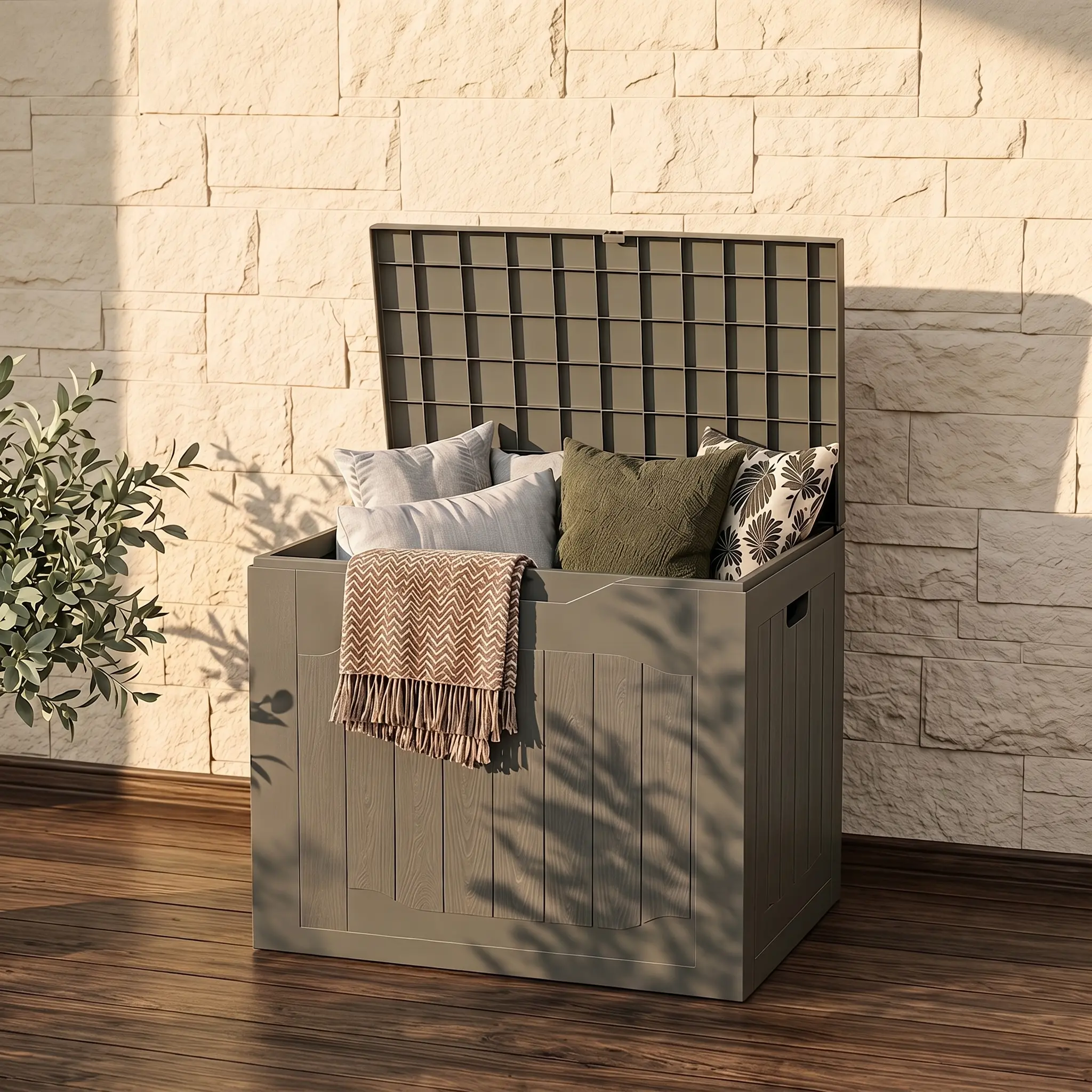 Max4out 35-Gal Weatherproof Resin Wood-Grain Deck Storage Chest with Lockable Cover, Smooth Lid, Side Handles, Heavy-Duty Farmhouse Outdoor Organizer Box for Backyard, Pool