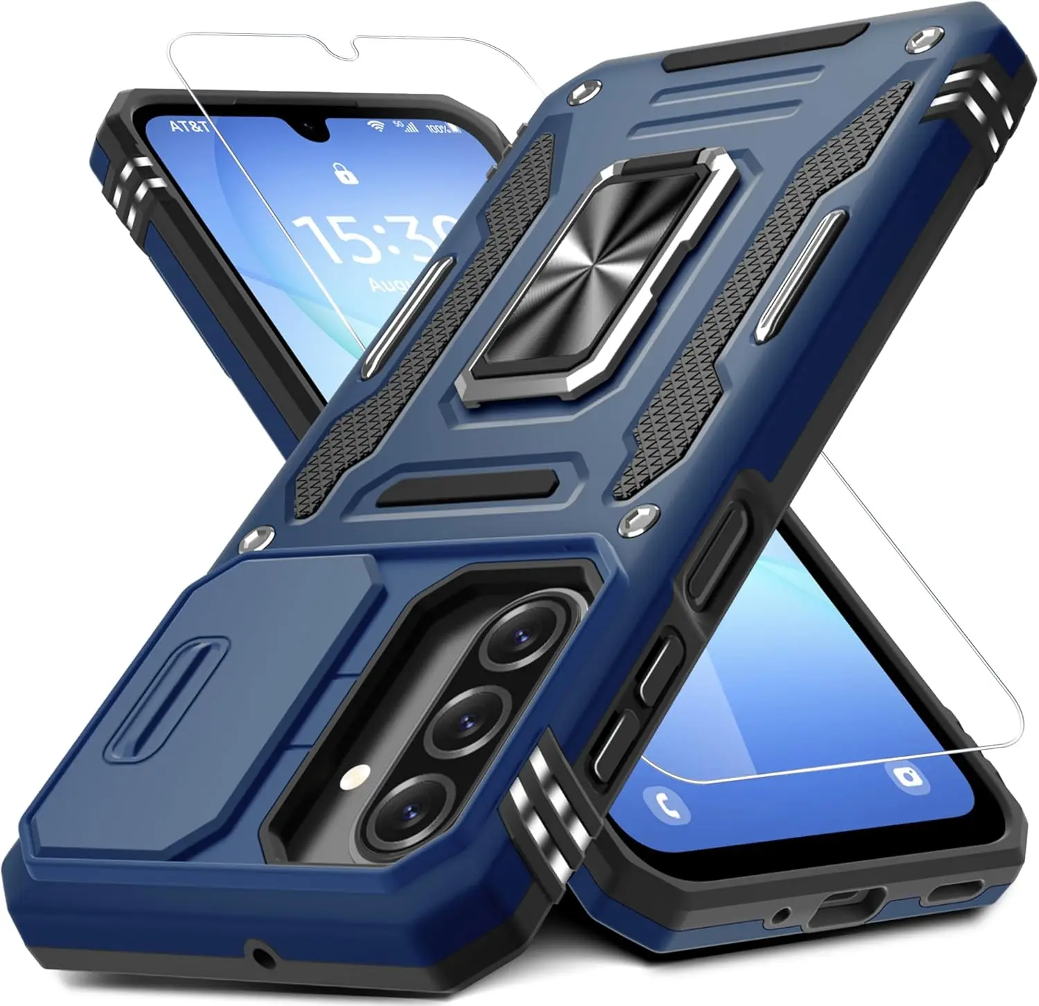 Samsung Galaxy A17 5G Case with Screen Protector, Galaxy A26 Case with Slide Camera Cover Rotated Ring Kickstand Military Grade Shockproof Protective Cover-Navy Blue