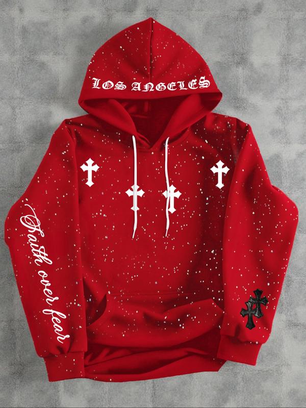 Men's Fleece Hoodie Sweatshirt, Gothic Cross Element, Star Dye Craft, Kangaroo Pocket, Casual Loose Fit Drawstring Pullover, Fall & Winter