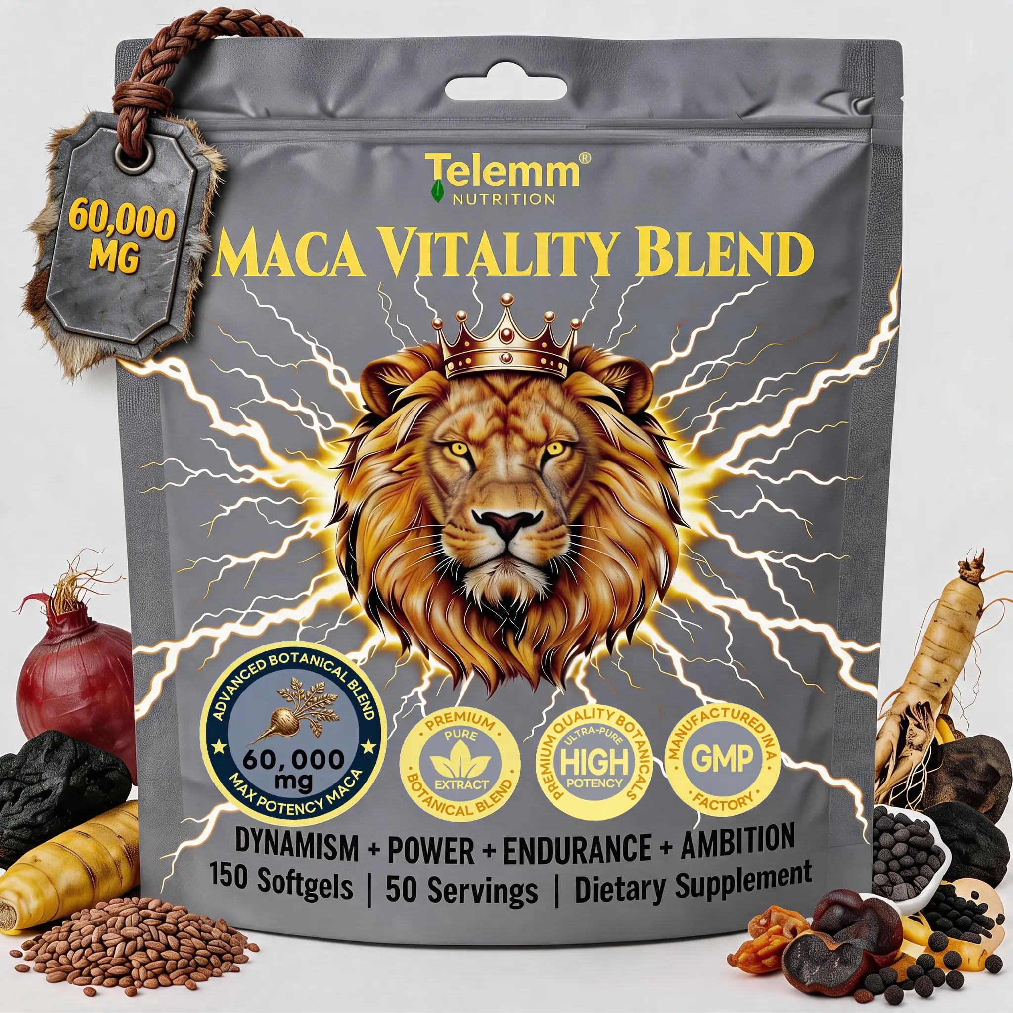 Telem Everyday Wellness Maca Softgels,60000mg Premium Multicolor Root Herbal Complex,Natural Adaptogenic Blend,Caffeine-Free Gentle Daily Body Support for Adults,150 Count 50-Day Supply,Clean Formula GMP Supplement