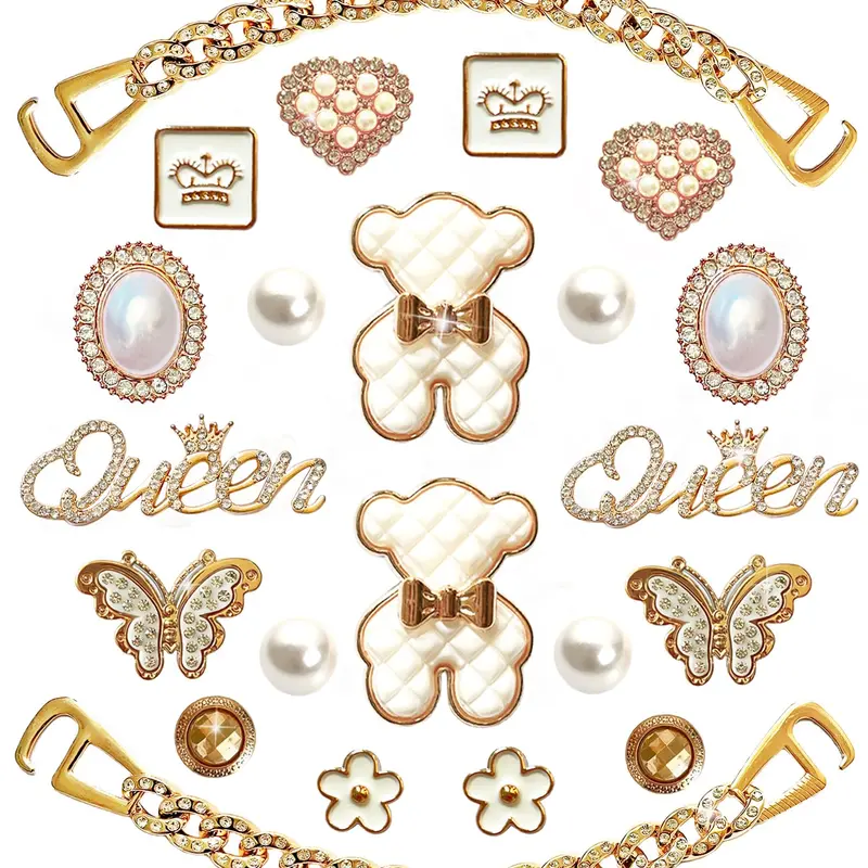 Rhinestone Bling Golden Chain Shoe Charms DIY Clog Sandal Decor Women Girly Party Favor Accessories 20pcs Resin Charms & 2 Chains techvibes