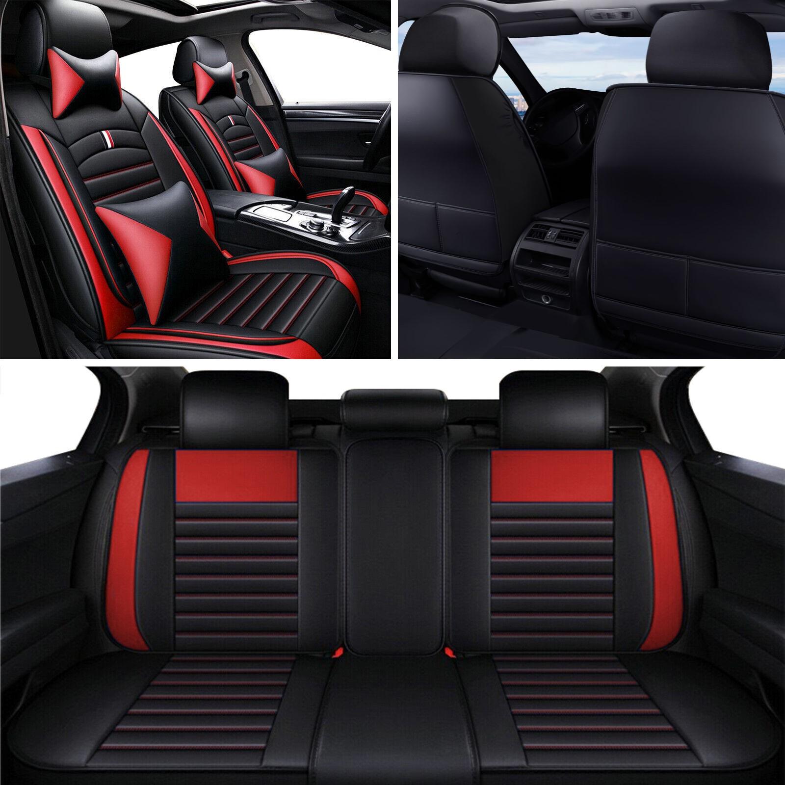 Premium Napa PU Leather Car Front Rear Seat Cover Full Set 5 Seat Protector Mat Breathable Cushion Pad Set Universal ,Full Surround Design with Storage Bag, with 2pcs Head Pillow and 2pcs Waist Pillow - Valentine's Day Gift For Lover