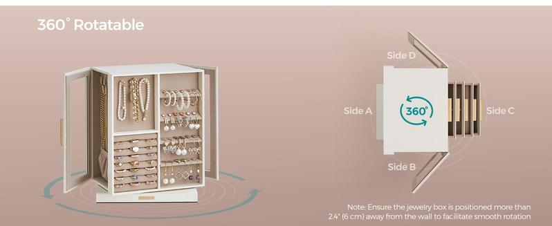 SONGMICS Jewelry Box 360° Rotating, Jewelry Storage Case with 5 Drawers,Glass Window, Spacious, Open Design, Great Gift