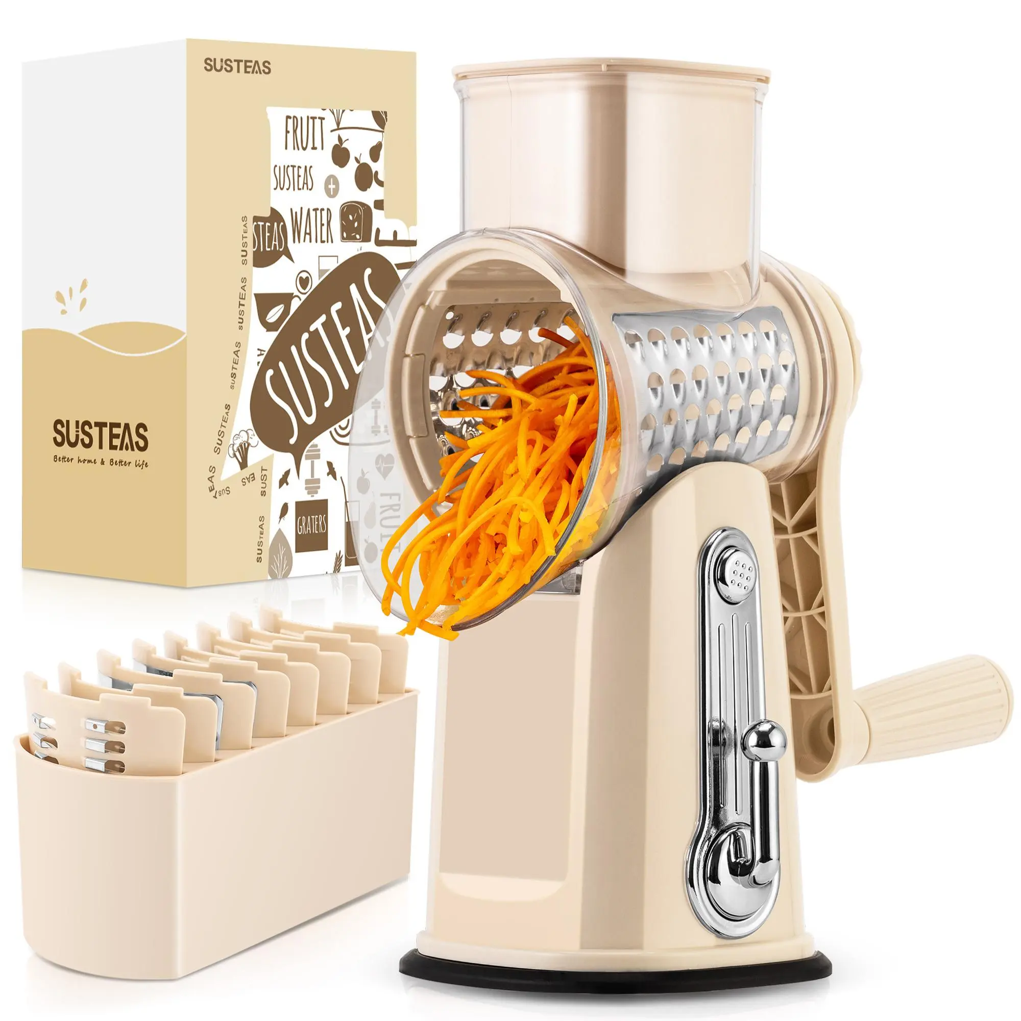 SUSTEAS Rotary Vegetable Grater-Veggie Chopper, 5 Interchangeable Blades, 18/10 Stainless Steel, BPA-Free, Strong Suction Cup Base, Handle, Inclined Curve, Durable Green Kitchen Utensil for Quick Prep, Rotary Grater, Durable Vegetable Slicer, Kitchen Shre