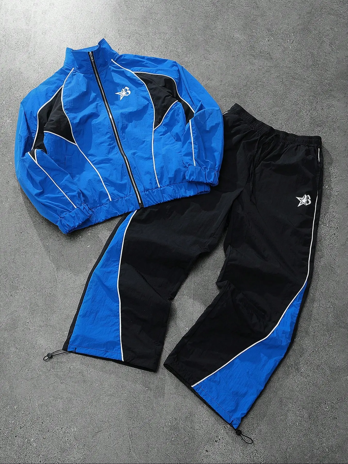 Men's Vintage Style Sportswear Set, Athletic Tracksuits, Lightweight Athletic Outfits, Sporty Set, Stand Collar Jacket and Pants, Blue and Blocks, Unique Bright Design, Loose Fit, Japanese Style