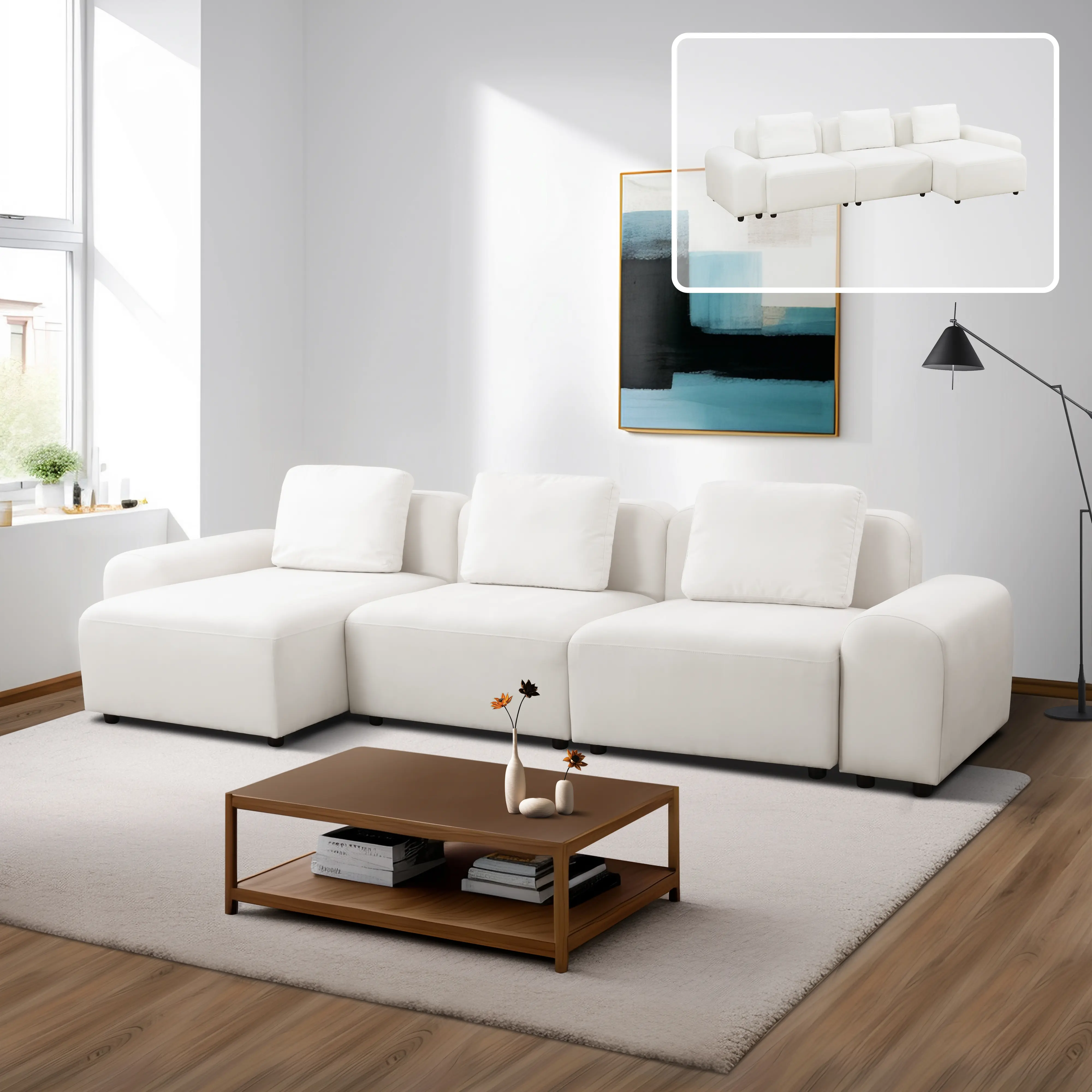 White Microfiber 4-Piece Living Room Sofa Set - Sturdy, Soft Comfortable Couch with Softness for Modern Home Decor, Indoor Home Furniture, Assembly Required