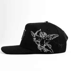 Black Snapback Hat with White Embroidered Cherub Design and Star Accents for Men and Women
