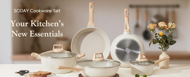 SODAY Pots and Pans Set Non Stick, 12Pcs Kitchen Cookware Sets Non-toxic Healthy Nonstick Kitchen Cooking Set with Frying Pans, Saucepans,Glass lid,Kitchenware,stock up on specials,Valentines Day gifts  Aluminium Durable Bakelite Handle