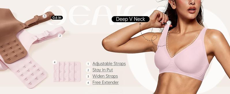 OEAK 2PCS Women's Comfortable Wireless Jelly Bras Push Up Bralettes Seamless T-Shirts Deep V Everyday Bras - Womenswear
