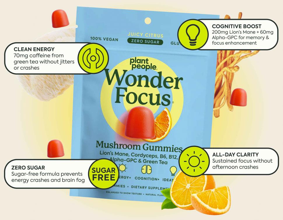 WonderFocus Mushroom Gummies by Plant People - Zero Sugar, All Natural, Focus & Cognition Gummy Supplement - Jitter Free Healthcare Dietary